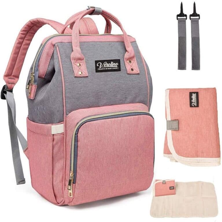 mochila maternal gris y rosa
